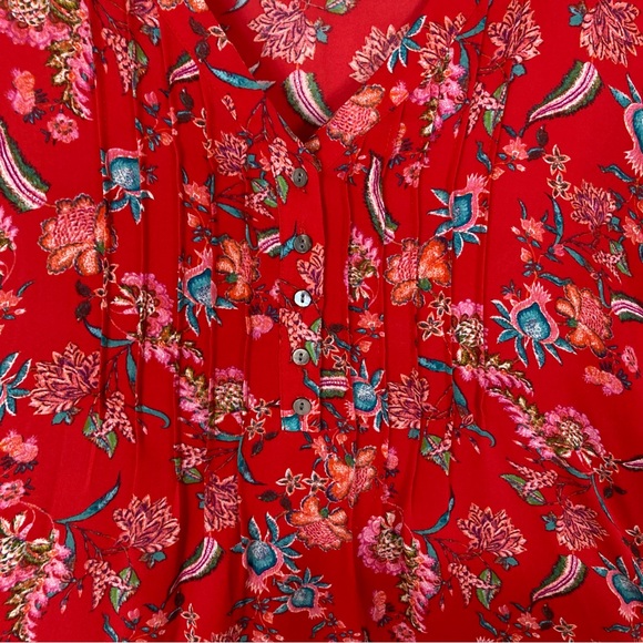 nwot ROSE OLIVE Blouse 1X Floral Pleated V-Neck Puff-Balloon-3/4-Long-Sl 5Button - Picture 6 of 12